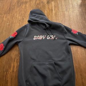 Dark blue hoodie with roses on the sleeves, size M